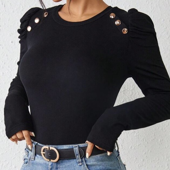Black Puff Sleeve Button Knitted Top in M - Picture 3 of 5